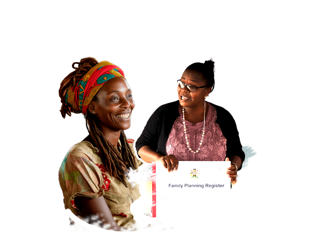 A smiling woman holding a child, symbolizing community empowerment and maternal health.